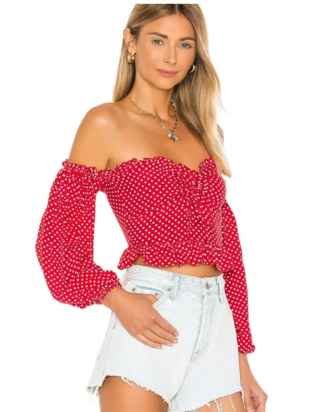 Revolve x Lovers + Friends Ariana Red Polka Dot Puff Sleeve Crop Top M